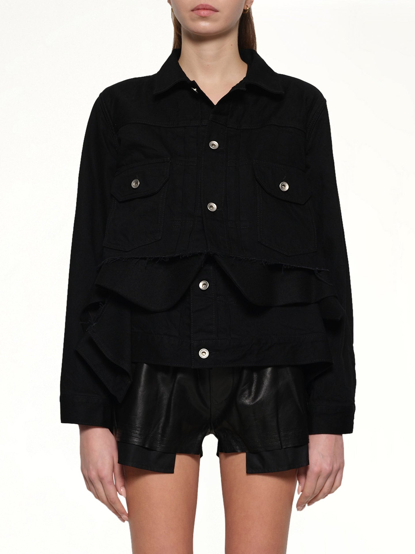 Image of a model wearing Outerwear. Productname: SACAI Denim x Wool Melton Jacket in Black colour by brand - SACAI