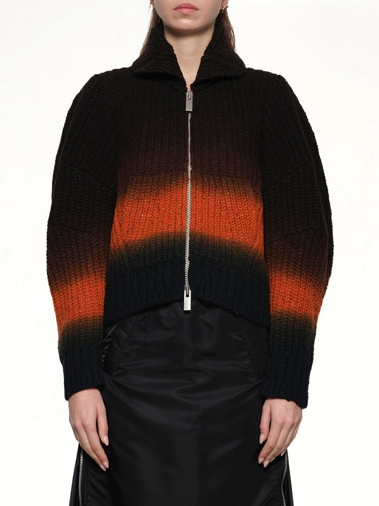 Image of a model wearing Outerwear. Productname: SACAI Garment Dye Wool Knit Blouson in Brown colour by brand - SACAI