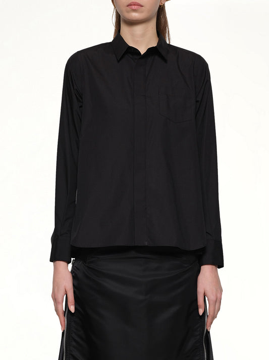 Image of a model wearing Tops. Productname: SACAI Poplin x Chiffon Shirt in Black colour by brand - SACAI