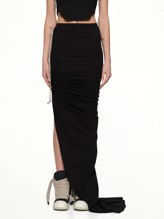 Image of a model wearing Skirts. Productname: RICK OWENS DRKSHDW Soft Edfu Long Skirt in Black colour by brand - RICK OWENS DRKSHDW