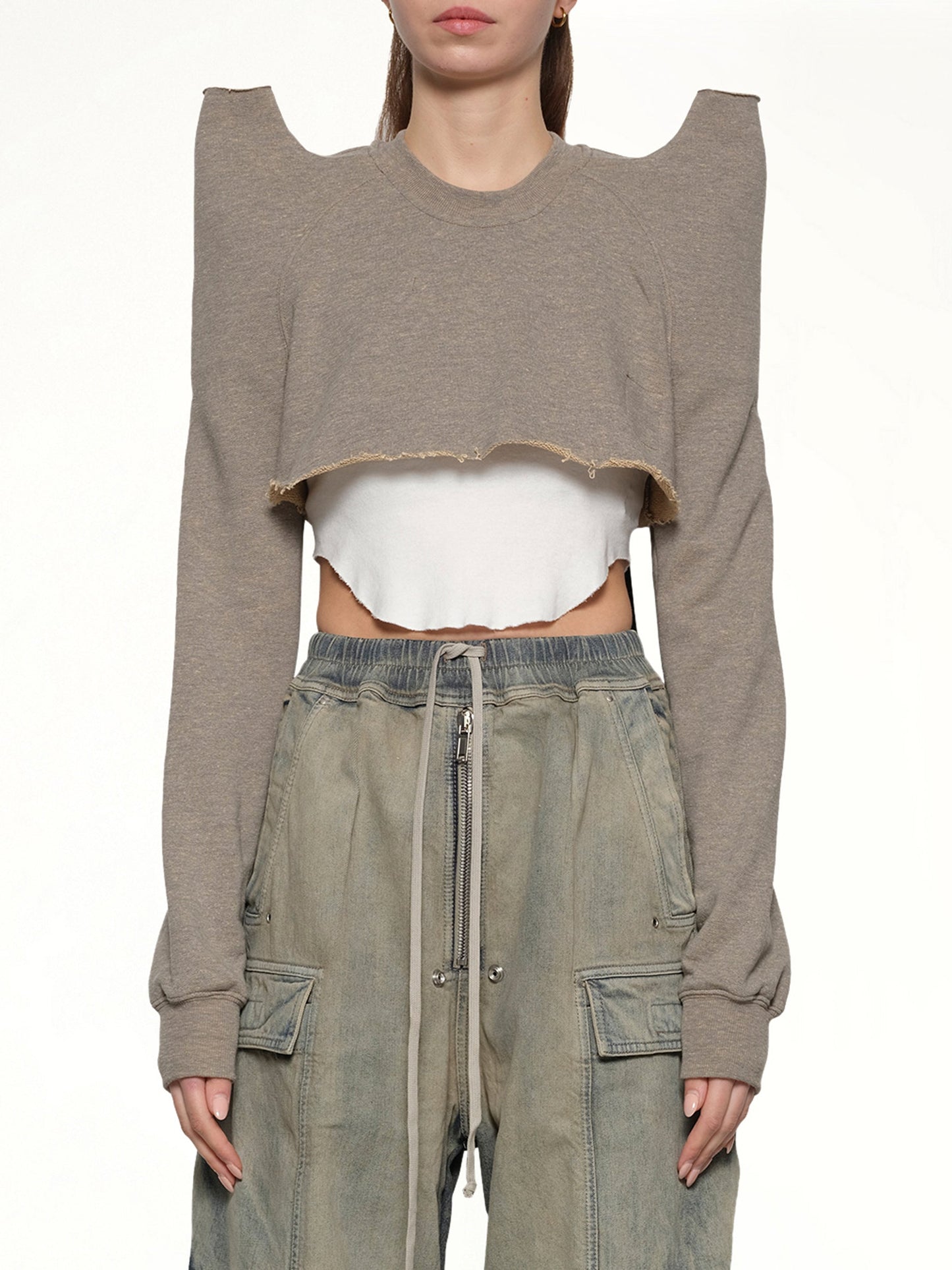 Image of a model wearing Outerwear. Productname: RICK OWENS DRKSHDW Cropped Tecsweat in Melange Grey colour by brand - RICK OWENS DRKSHDW