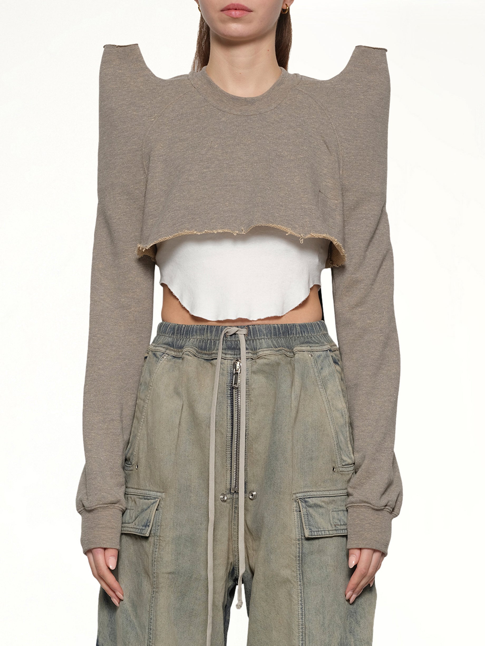 Image of a model wearing Outerwear. Productname: RICK OWENS DRKSHDW Cropped Tecsweat in Melange Grey colour by brand - RICK OWENS DRKSHDW