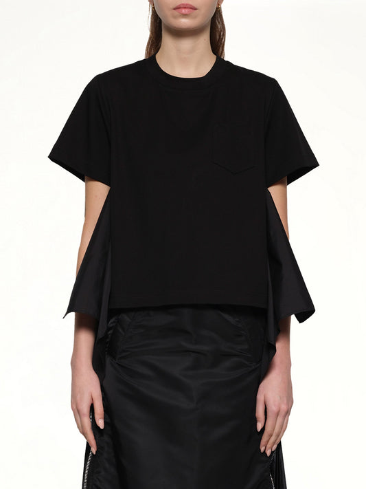 Image of a model wearing Tops. Productname: SACAI Poplin x Cotton Jersey T-Shirt in Black colour by brand - SACAI