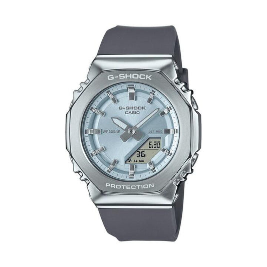 Image of Watches. Productname: Casio G Shock G Steel Silver and Blue Digital Watch GMS2110-2A in Watch colour by brand - Casio G Shock