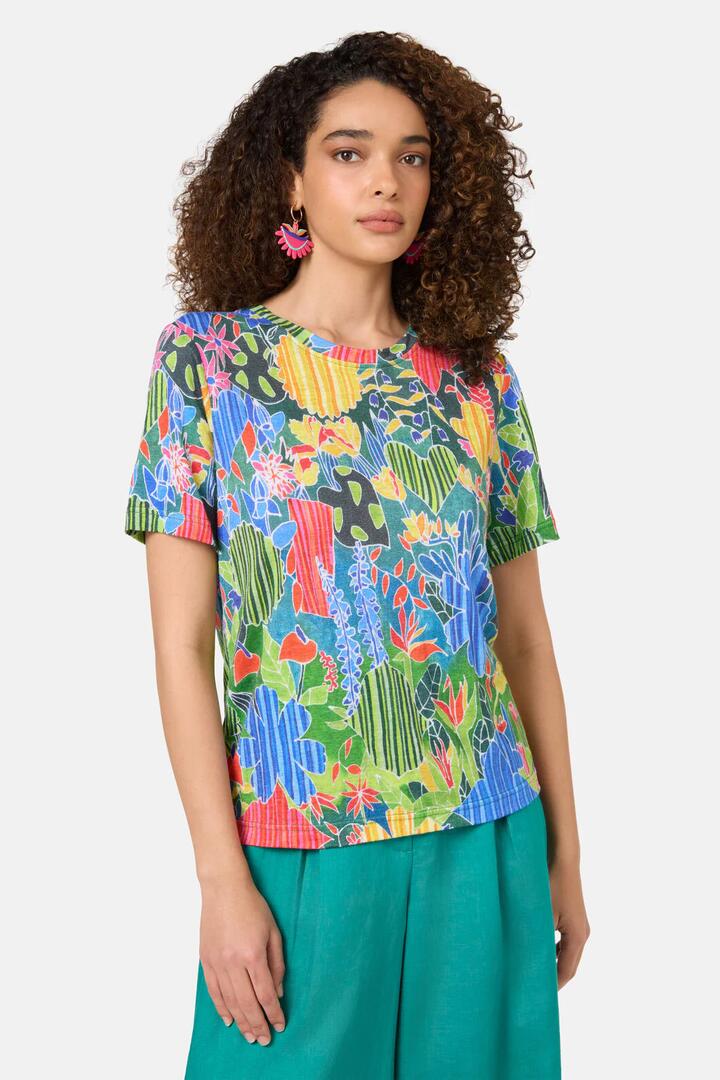 Image of a model wearing Tops. Productname: Flower Garden Hemp Tee in Print colour by brand - Gorman