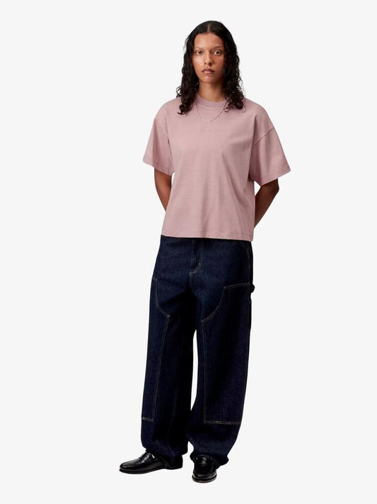 Image of a model wearing Tops. Productname: Carhartt Wip Women's Benton T-Shirt in Glassy Pink Garment Dyed colour by brand - Carhartt Wip