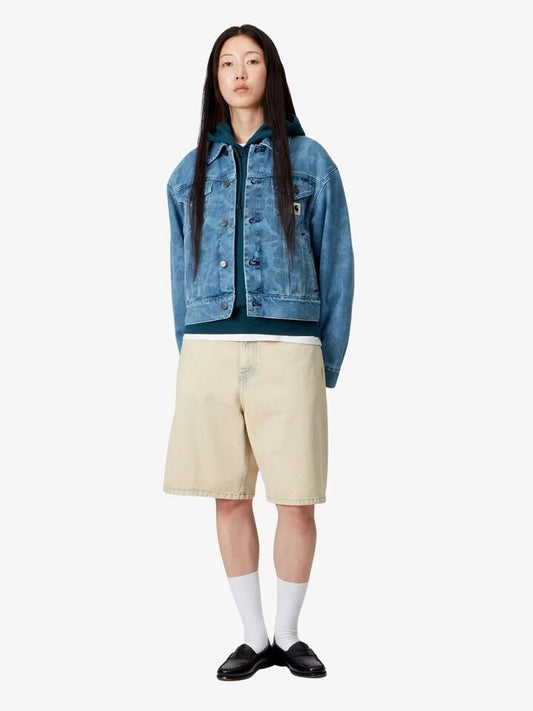 Image of a model wearing Shorts. Productname: Carhartt Wip Women's Brandon Shorts in Blue, Sand Bleached colour by brand - Carhartt Wip