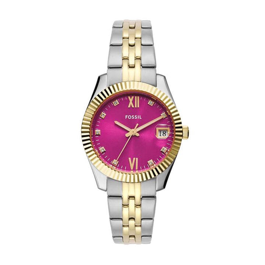 Image of Watches. Productname: Fossil Scarlette Three-Hand Date Two-Tone Stainless Steel Watch ES5337 in Watch colour by brand - Fossil