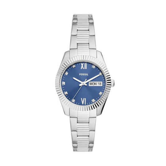 Image of Watches. Productname: Fossil Scarlette Silver and Blue Women's Watch ES5197 in Watch colour by brand - Fossil