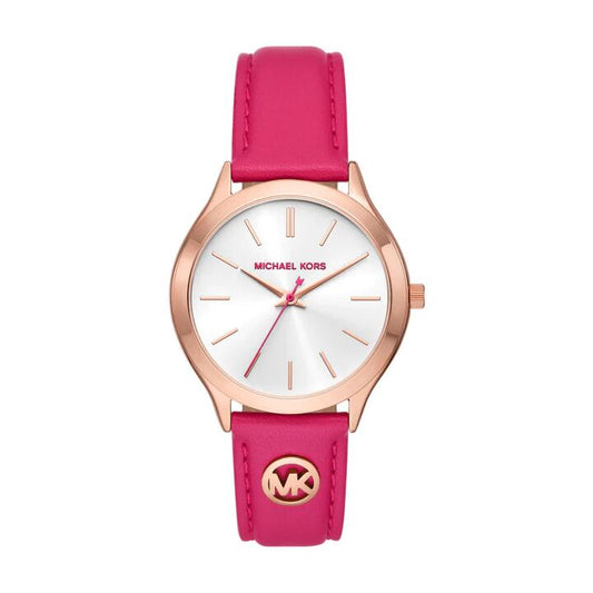 Image of Watches. Productname: Michael Kors Slim Runway Three-Hand Deep Pink Leather Watch MK7469 in Watch colour by brand - Michael Kors