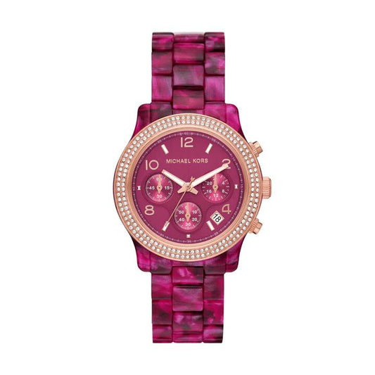 Image of Watches. Productname: Michael Kors Runway Chronograph Fuchsia Tort Acetate Watch MK7425 in Watch colour by brand - Michael Kors