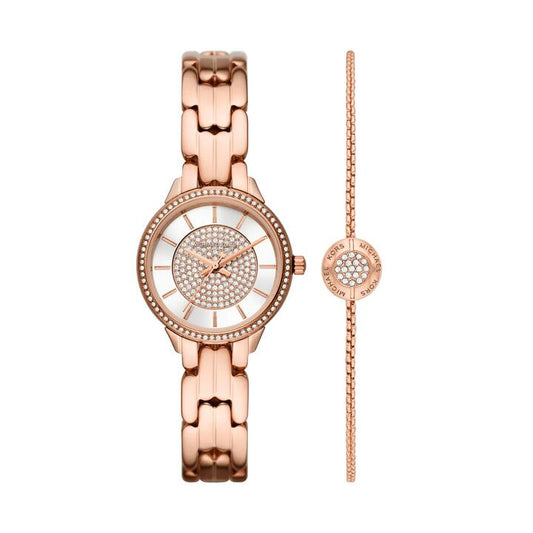 Image of Bracelets. Productname: Michael Kors Allie Three-Hand Rose Gold-Tone Stainless Steel Watch and Bracelet Set MK1039 in Watch colour by brand - Michael Kors
