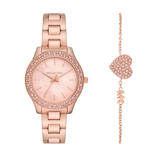 Image of Bracelets. Productname: Michael Kors Women's Liliane Three-Hand Rose Gold-Tone Stainless Steel Watch and Bracelet Set MK1068SET in Watch colour by brand - Michael Kors