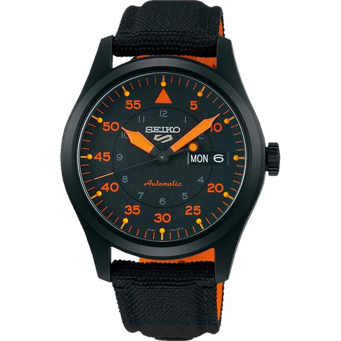Image of Watches. Productname: Seiko Flieger Street Black and Orange Men's Watch SRPH33K in Watch colour by brand - Seiko