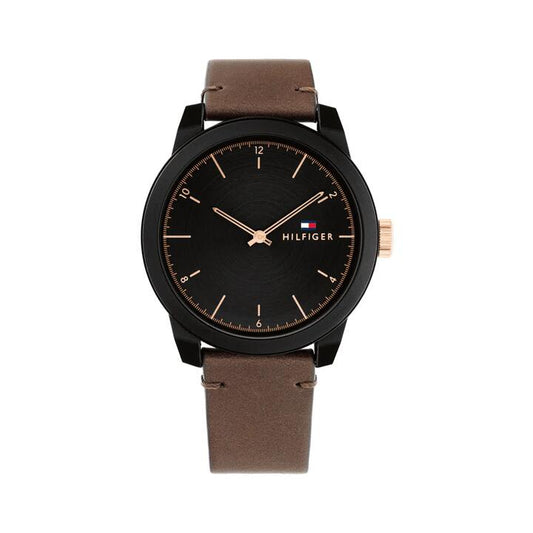 Image of a model wearing Denim. Productname: Tommy Hilfiger Denim Brown Leather Black Dial Men's Watch 1710544 in Watch colour by brand - Tommy Hilfiger
