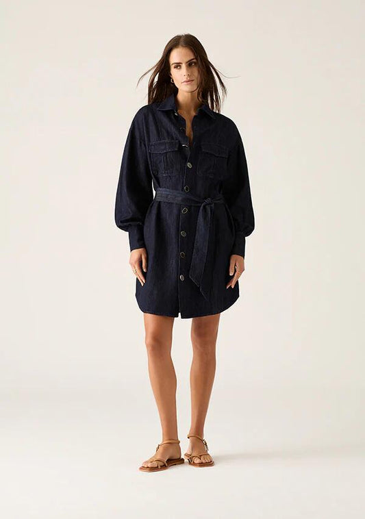 Image of a model wearing Denim. Productname: Ana Denim Shirt Mini Dress in Indigo colour by brand - MOS The Label