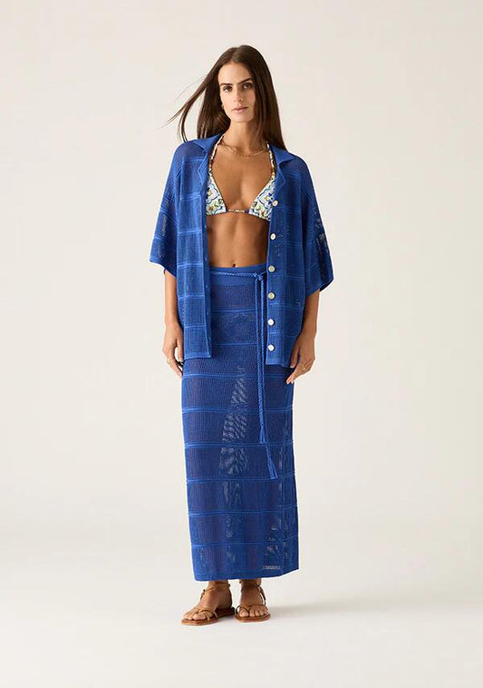 Image of a model wearing Skirts. Productname: Carmen Knit Midi Skirt in Sodalite Blue colour by brand - MOS The Label