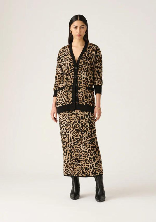 Image of a model wearing Outerwear. Productname: Anastacia Knit Cardigan in Leopard colour by brand - MOS The Label