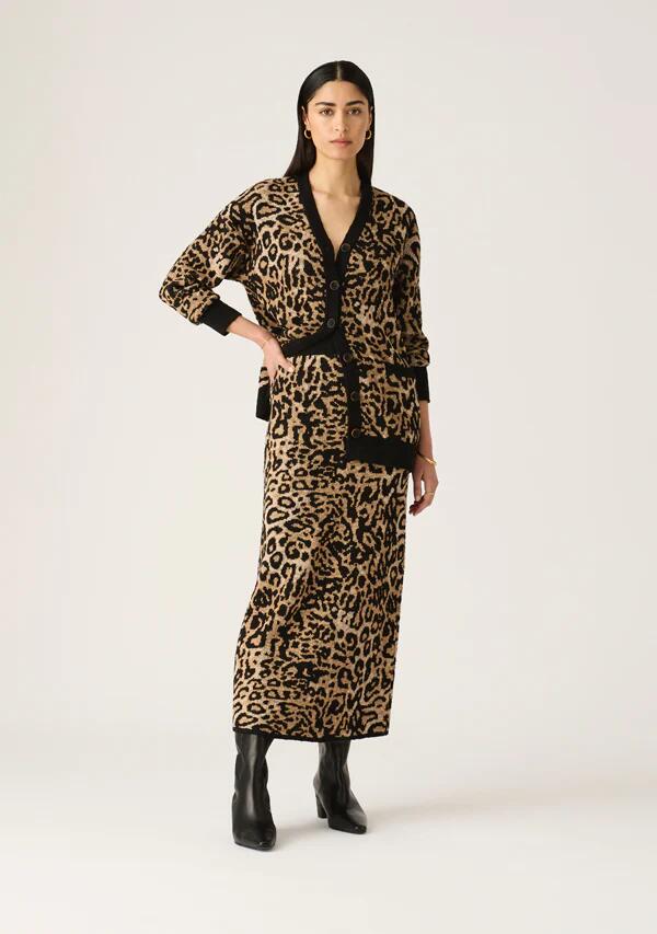 Image of a model wearing Skirts. Productname: Anastacia Knit Skirt in Leopard colour by brand - MOS The Label