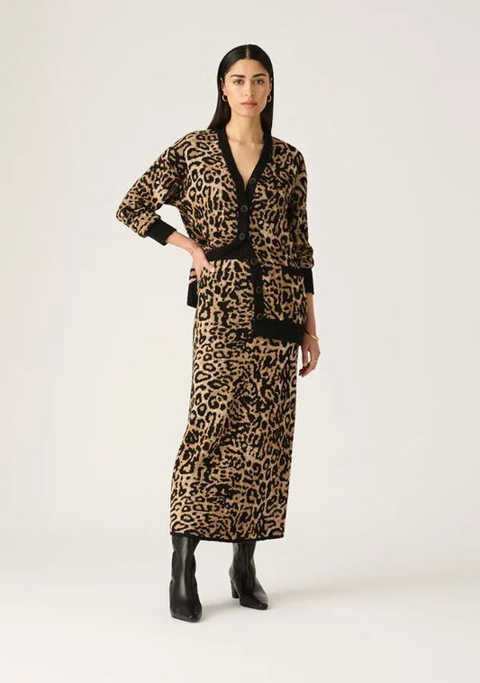 Image of a model wearing Skirts. Productname: Anastacia Knit Skirt in Leopard colour by brand - MOS The Label