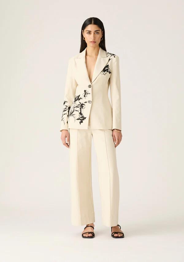 Image of a model wearing Outerwear. Productname: Lis Embroidery Blazer in Ivory colour by brand - MOS The Label