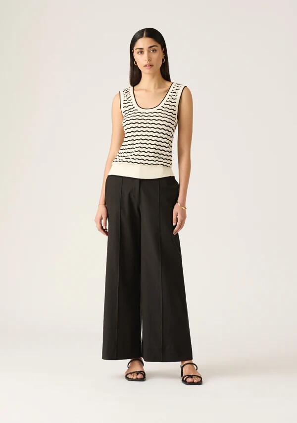 Image of a model wearing Tops. Productname: Elara Knit Tank Top in Black And White Stripe colour by brand - MOS The Label