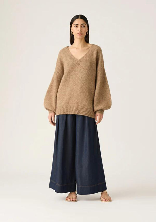 Image of a model wearing Outerwear. Productname: Vesper Knit Jumper in Cacoa colour by brand - MOS The Label