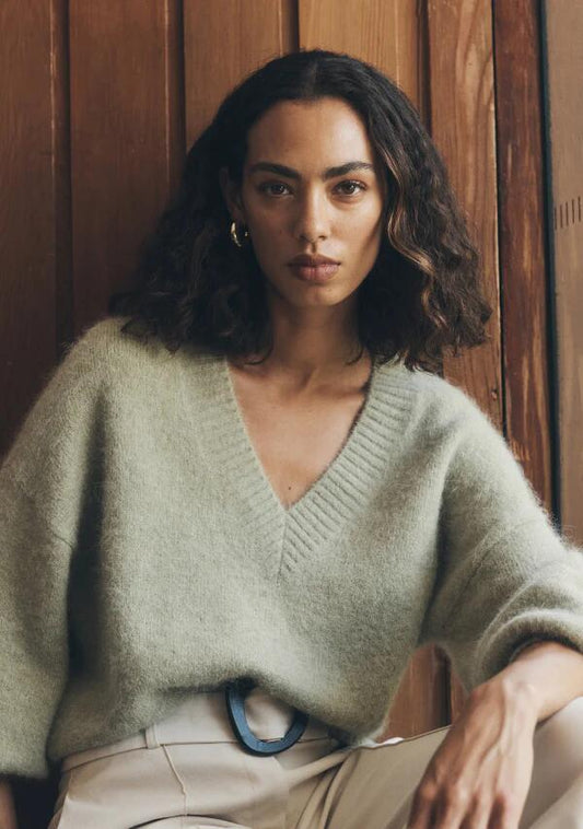 Image of a model wearing Outerwear. Productname: Vesper Knit Jumper in Pistachio colour by brand - MOS The Label
