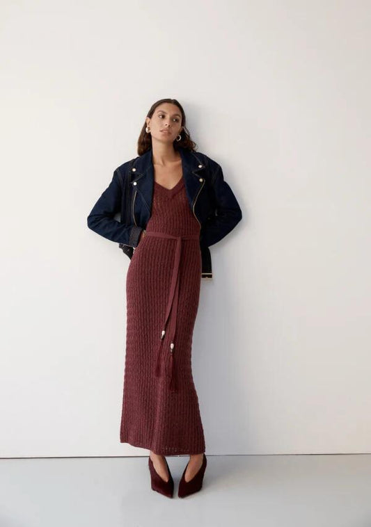 Image of a model wearing Outerwear. Productname: Sia Denim Biker Jacket in Deep Indigo colour by brand - MOS The Label