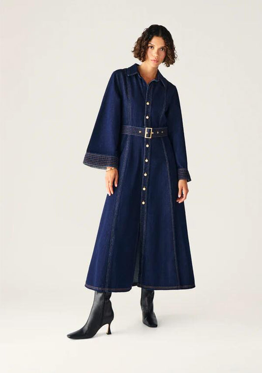 Image of a model wearing Denim. Productname: Sia Denim Tunic Dress in Deep Indigo colour by brand - MOS The Label