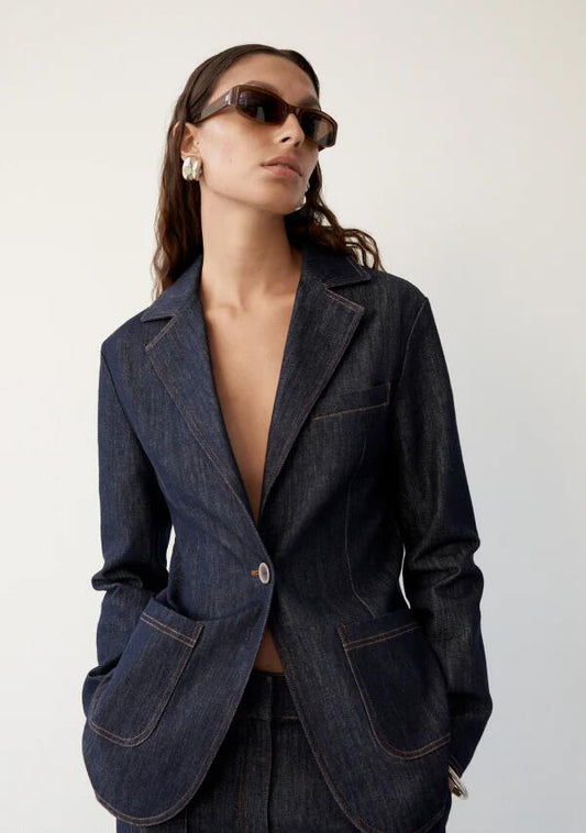 Image of a model wearing Outerwear. Productname: Diana Blazer in Deep Indigo colour by brand - MOS The Label