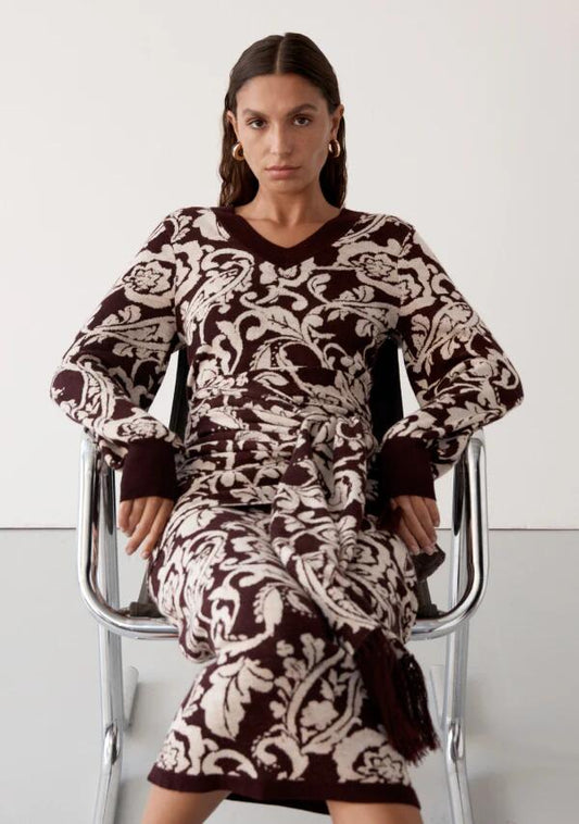 Image of a model wearing Outerwear. Productname: Seraphine Knit Jumper in Damask colour by brand - MOS The Label