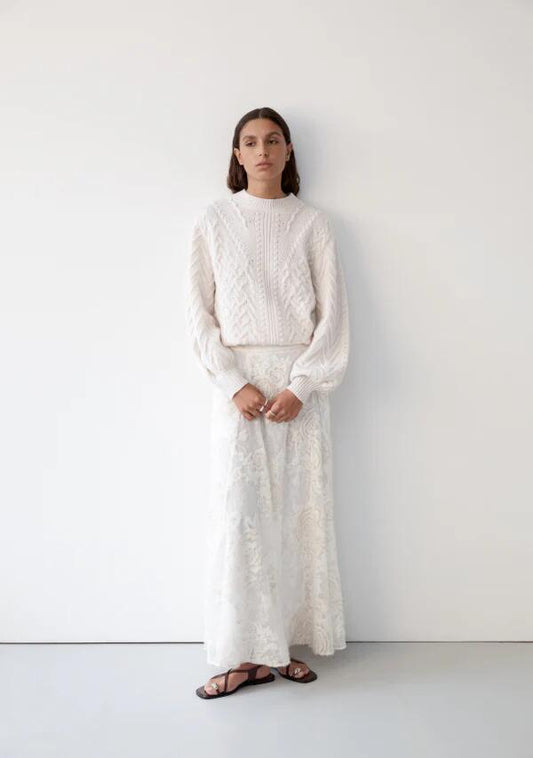 Image of a model wearing Skirts. Productname: Brigitte Maxi Skirt in Chalk colour by brand - MOS The Label