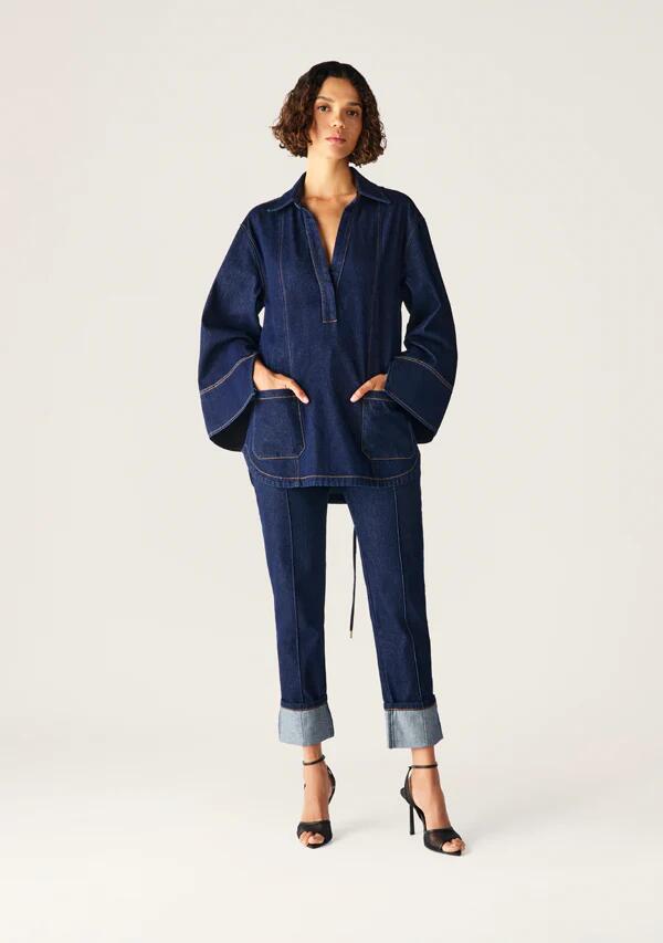 Image of a model wearing Denim. Productname: Sonia Denim Tunic Top in Deep Indigo colour by brand - MOS The Label