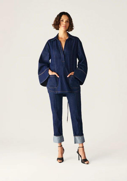 Image of a model wearing Denim. Productname: Sonia Denim Tunic Top in Deep Indigo colour by brand - MOS The Label