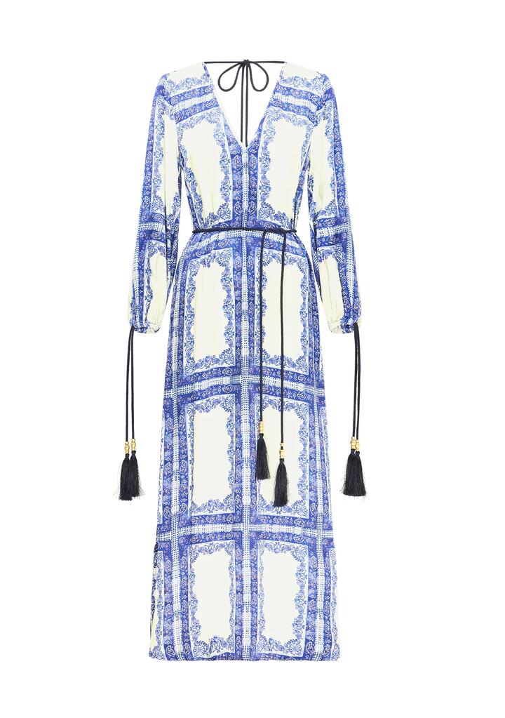 Image of a model wearing Tops. Productname: Jordi Long Sleeve Maxi Dress | MOS The Label in Jordi Print colour by brand - MOS The Label