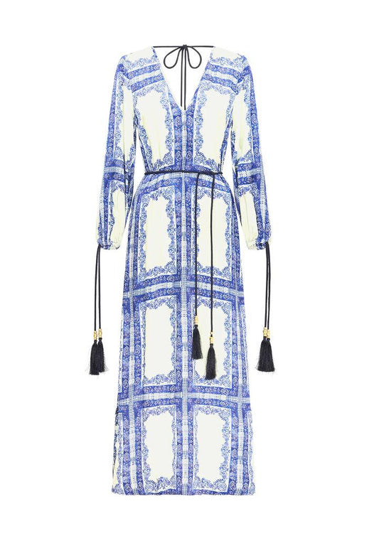 Image of a model wearing Tops. Productname: Jordi Long Sleeve Maxi Dress | MOS The Label in Jordi Print colour by brand - MOS The Label