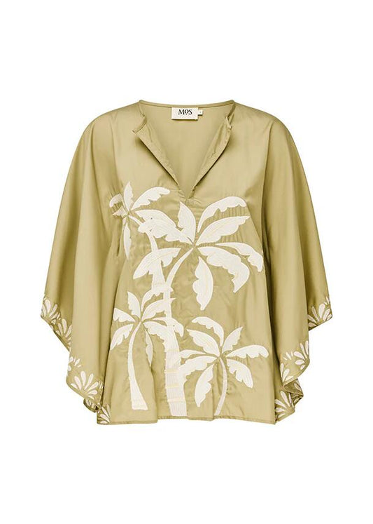Image of a model wearing Tops. Productname: Kala Embroidery Top | MOS The Label in Olive colour by brand - MOS The Label