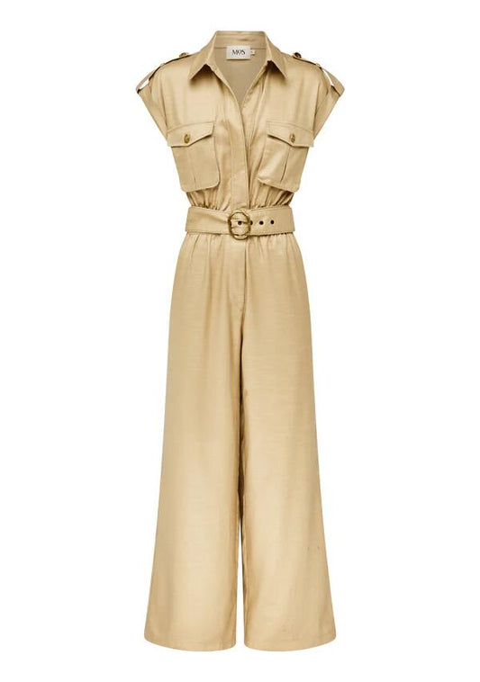 Image of a model wearing Outerwear. Productname: Rita Jumpsuit Beige | MOS The Label in Classic Beige colour by brand - MOS The Label