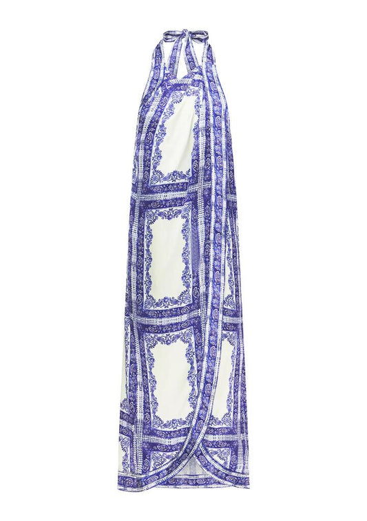 Image of a model wearing Tops. Productname: Jordi Halter Wrap Top | MOS The Label in Jordi Print colour by brand - MOS The Label