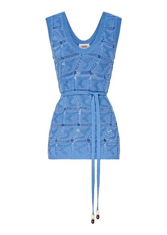 Image of a model wearing Tops. Productname: Clara Knit Tank Top | MOS The Label in Blue Gleam colour by brand - MOS The Label