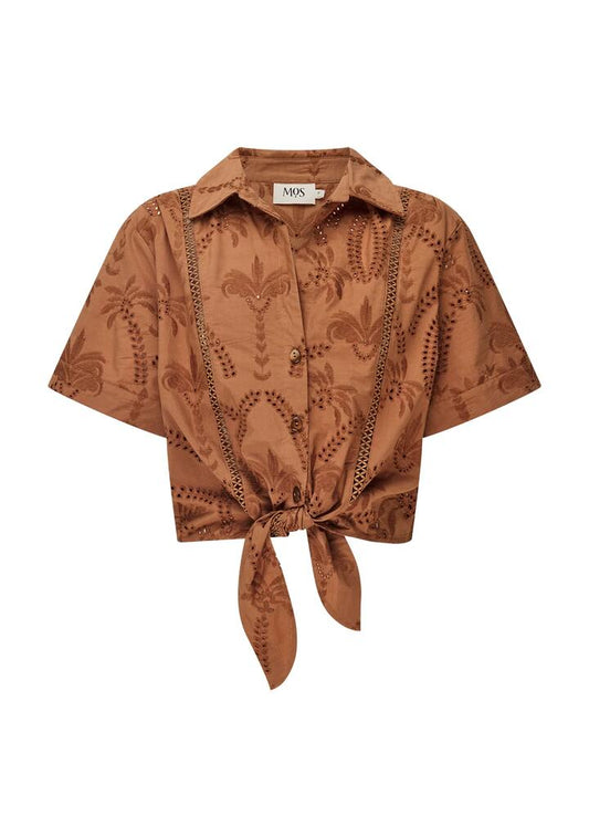 Image of a model wearing Tops. Productname: Alicia Tie Front Shirt | MOS The Label in Nutshell colour by brand - MOS The Label