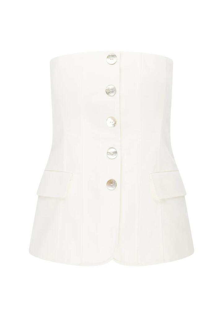Image of a model wearing Tops. Productname: Monaco Suiting Bustier | MOS The Label in Bright White colour by brand - MOS The Label