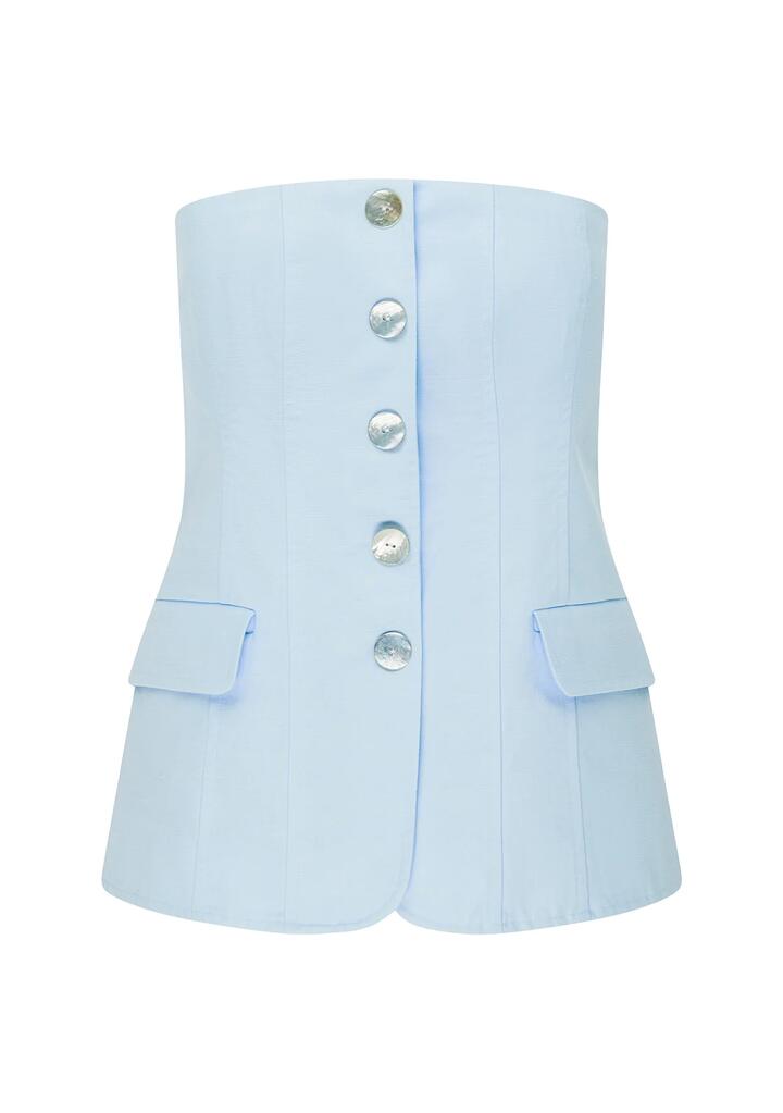 Image of a model wearing Tops. Productname: Monaco Suiting Bustier | MOS The Label in Ice Blue colour by brand - MOS The Label