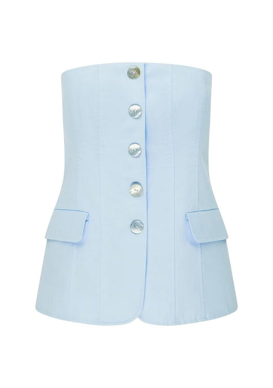 Image of a model wearing Tops. Productname: Monaco Suiting Bustier | MOS The Label in Ice Blue colour by brand - MOS The Label