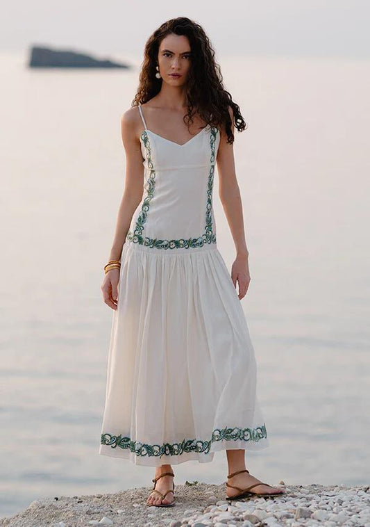 Image of Dresses. Productname: Porto Embroidery Strappy Dress | MOS The Label in Ecru colour by brand - MOS The Label