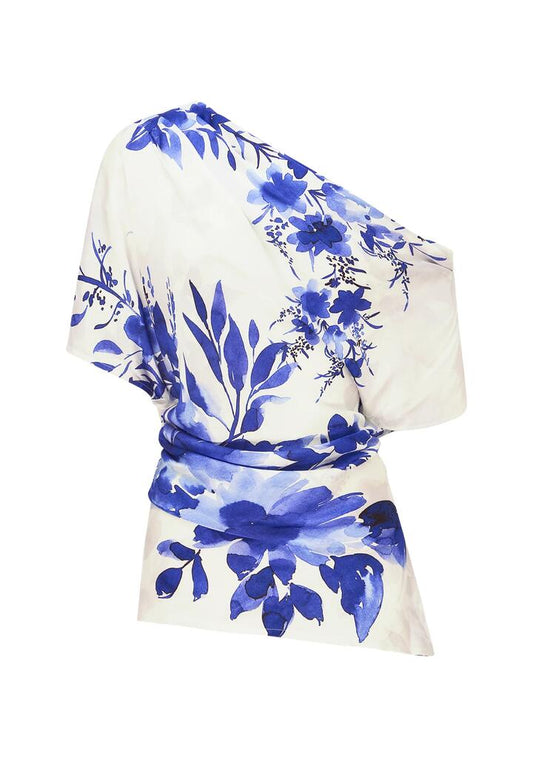 Image of a model wearing Tops. Productname: Isola Print Off Shoulder Top | MOS The Label in Isola Print colour by brand - MOS The Label