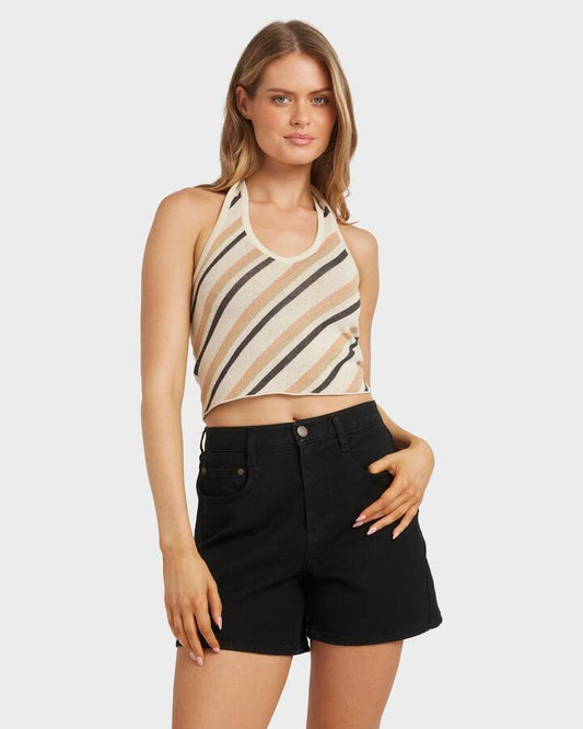 Image of a model wearing Outerwear. Productname: Billabong Womens All Out Sweater Halter Top Multi - in Multi colour by brand - Billabong