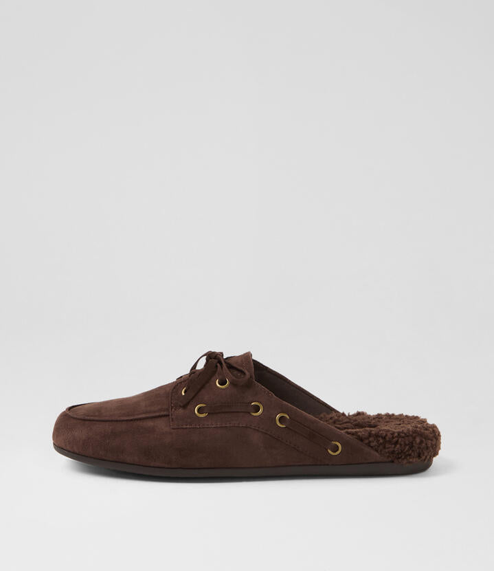 Image of Flats. Product name - Joopita Dark Choc Suede Loafers in Dk Choc colour by brand - MOLLINI