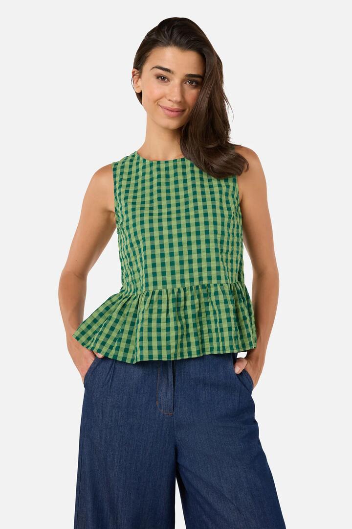 Image of a model wearing Tops. Productname: Margot Check Shell Top in Green colour by brand - Princess Highway